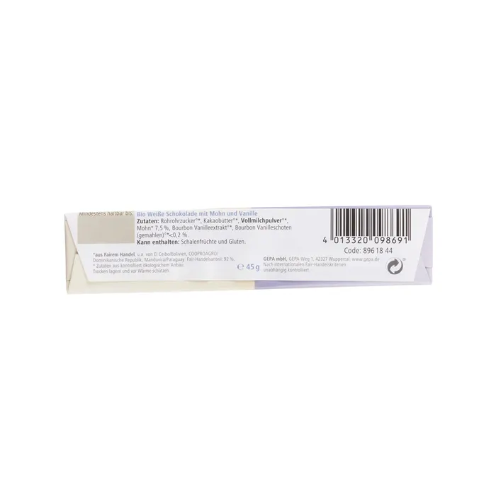 Bio Schokoriegel Poppy und Vanilla Fairness