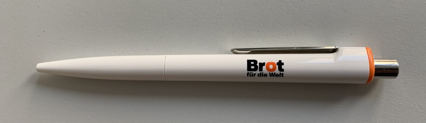 Kugelschreiber mit Logo Brot für die Welt mit Biosafe-Hülle und Metallclip