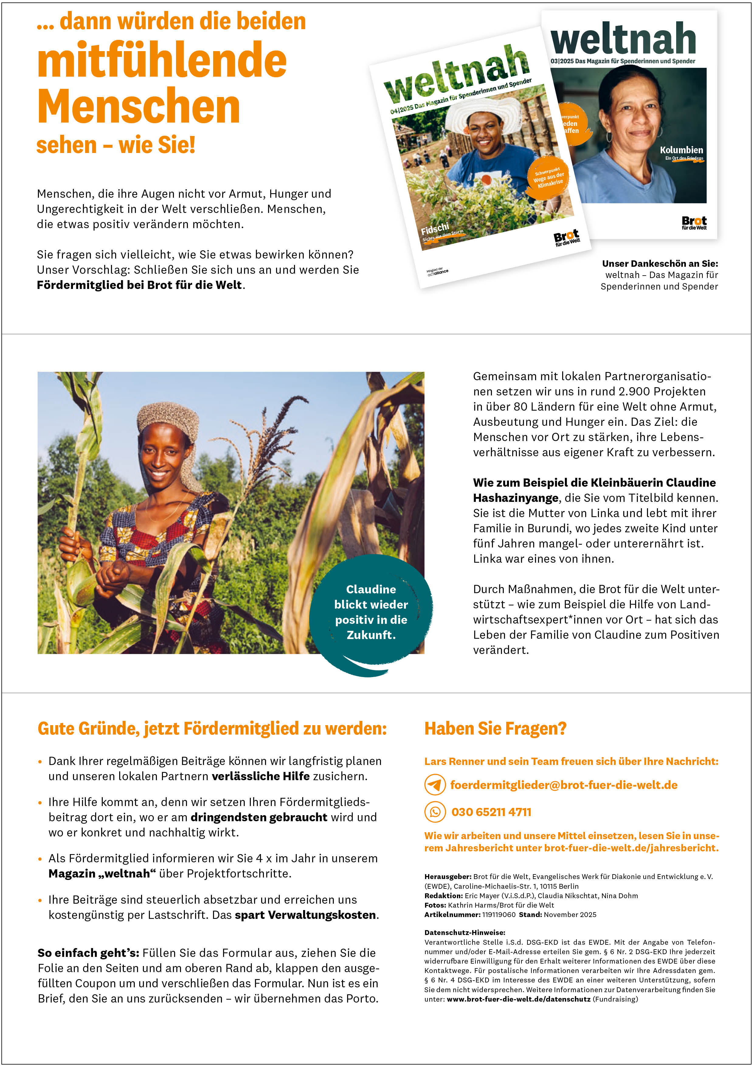 Selfmailer Fördermitglieder Brot für die Welt